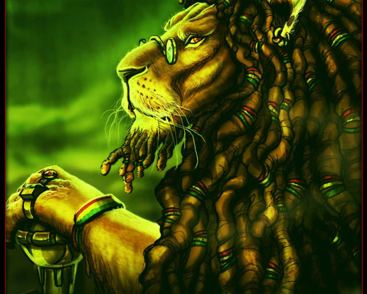 Rasta 桌布 壁紙 — 一頭雄偉的獅子，梳著辮子頭，戴著眼鏡，在發光的綠色背景下拿著麥克風。