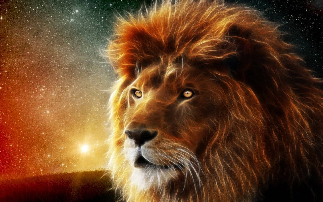 Lion Head 桌布 壁紙 — 一頭雄偉的獅子，閃爍著琥珀色的眼睛，在充滿星星和星雲的充滿活力的宇宙背景下向前凝視。