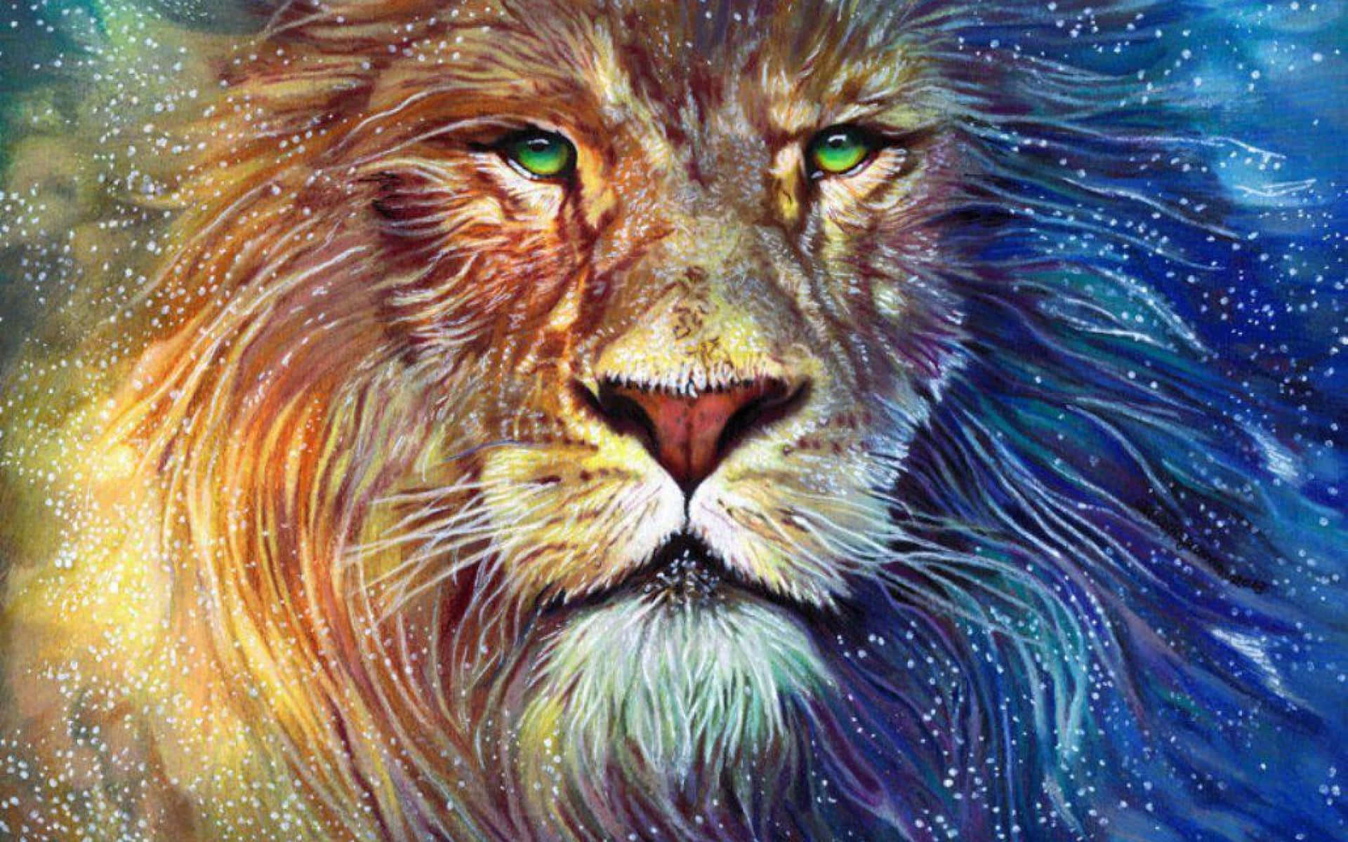 Leo 桌布 壁紙 — 一頭雄偉的獅子，閃爍著綠色光芒的眼睛直視前方，其鬃毛融入由恆星和旋轉星雲組成的宇宙星系中。