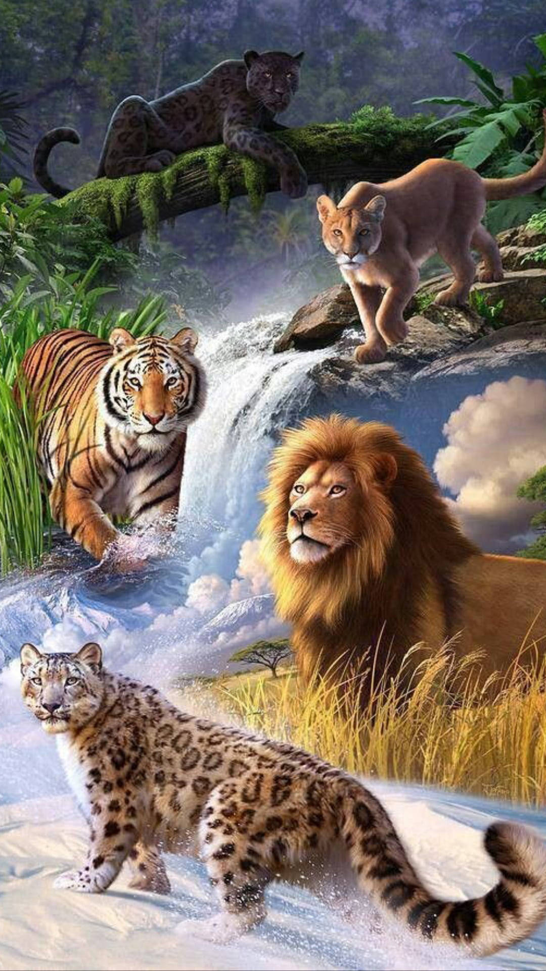  壁紙 — 一頭雄偉的獅子、雪豹、老虎、豹子和美洲獅聚集在茂密叢林中的瀑布周圍。