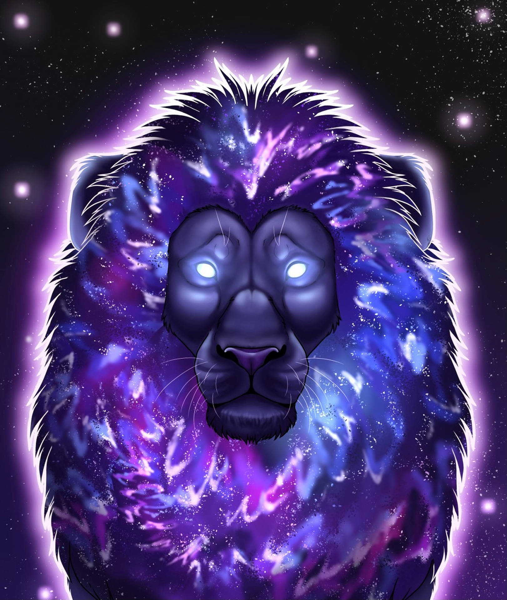 一頭獅子，鬃毛中有星系，背景是星光熠熠的夜空。 — 銀河獅子 壁紙
