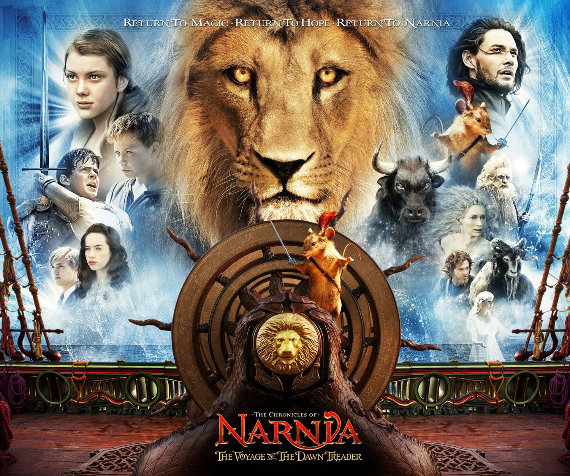Narnia 桌布 壁紙 — 一頭雄偉的獅子主宰著一張奇幻船隻海報，周圍有人類和動物角色圍繞著船舵。