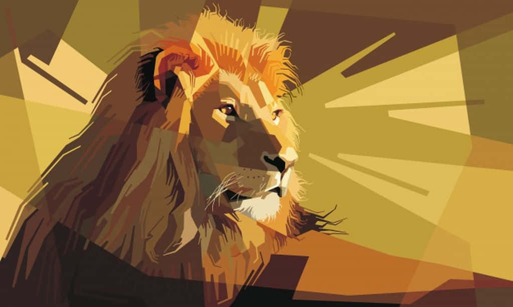 Lion Head 桌布 壁紙 — 一頭雄偉的獅子以大膽的幾何形狀呈現，溫暖的金色和棕色色調從其面部散發出來。