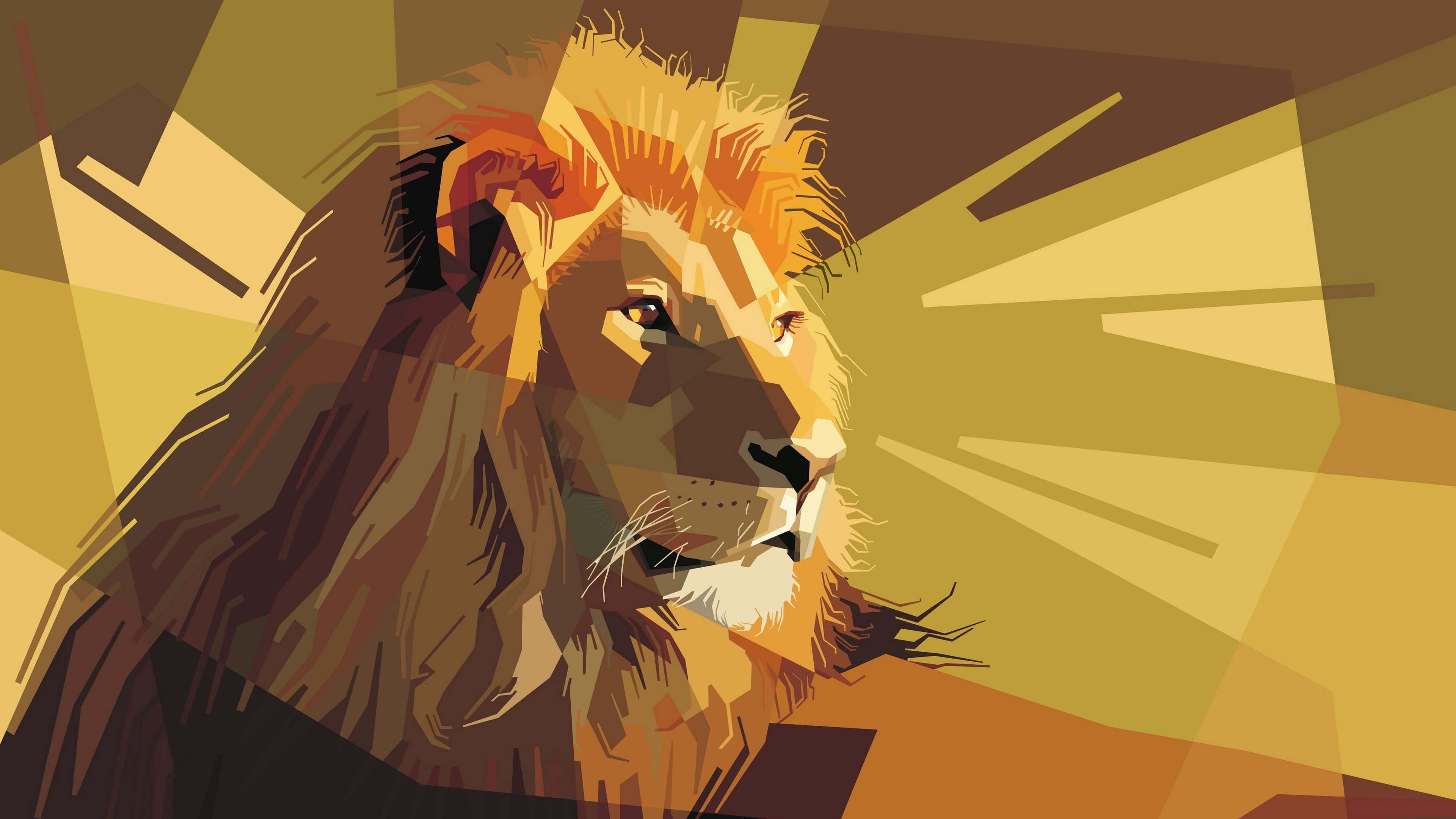 Leo 桌布 壁紙 — 一頭雄偉的獅子以大膽的幾何形狀呈現，金色和琥珀色色調從鬃毛中散發出來。