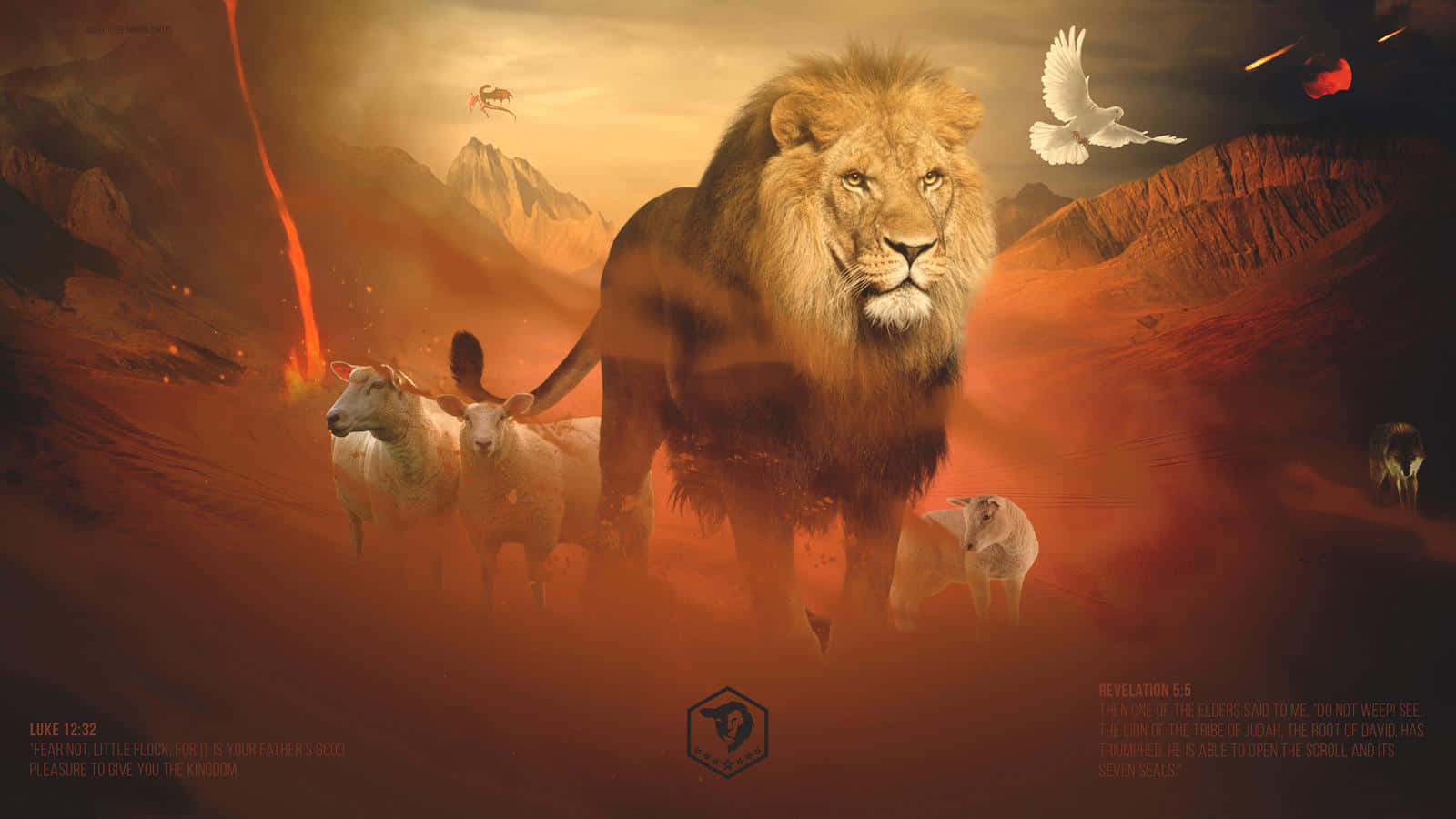 Lion Of Judah 桌布 壁紙 — 一頭雄偉的獅子保護著羊群，身處熾熱的沙漠景觀中，有山脈和一隻白鴿在頭頂飛翔。