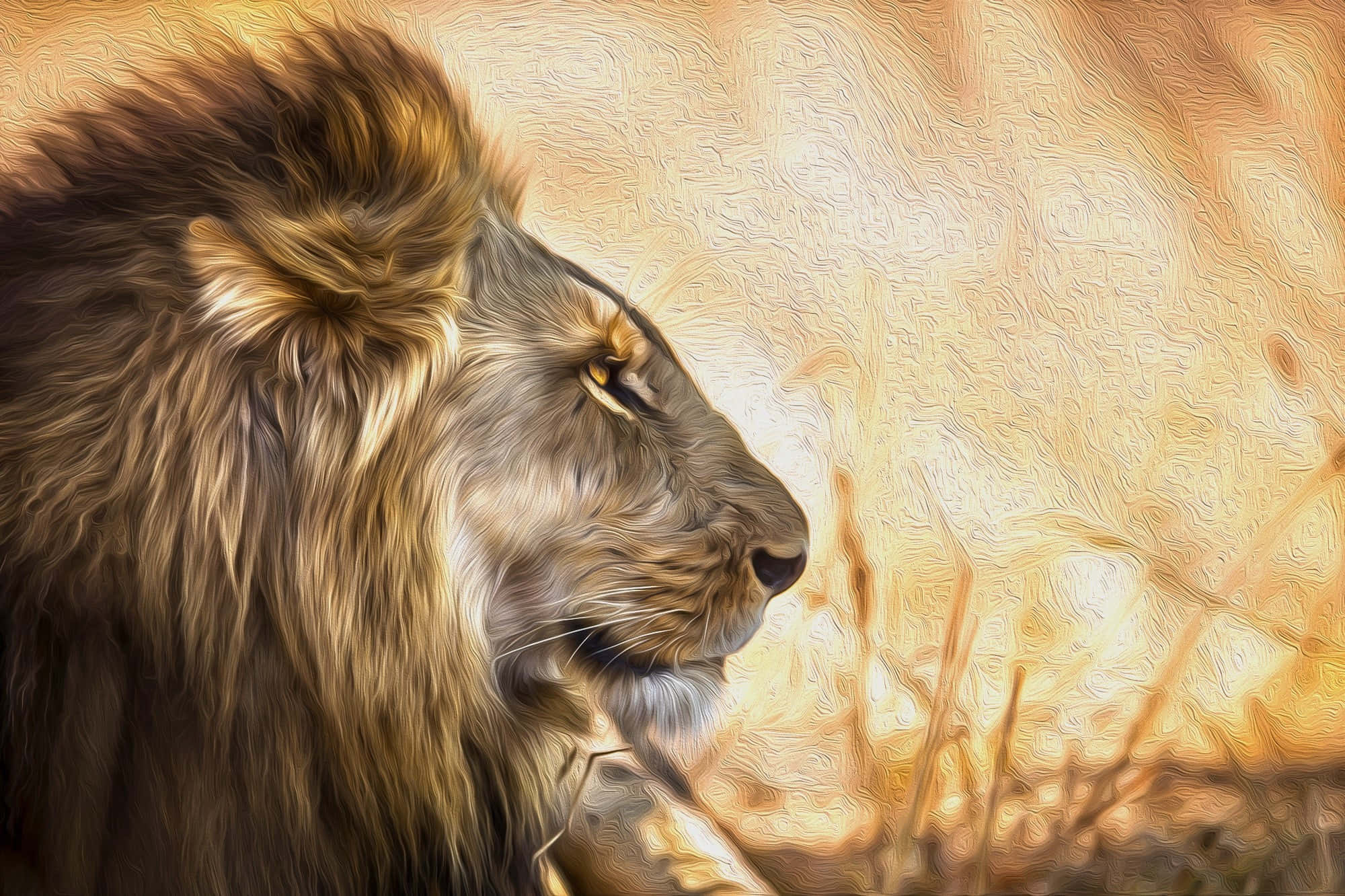 Lion Head 桌布 壁紙 — 一頭雄偉的獅子側面，金色鬃毛，站在溫暖色調的紋理稀樹草原背景前。