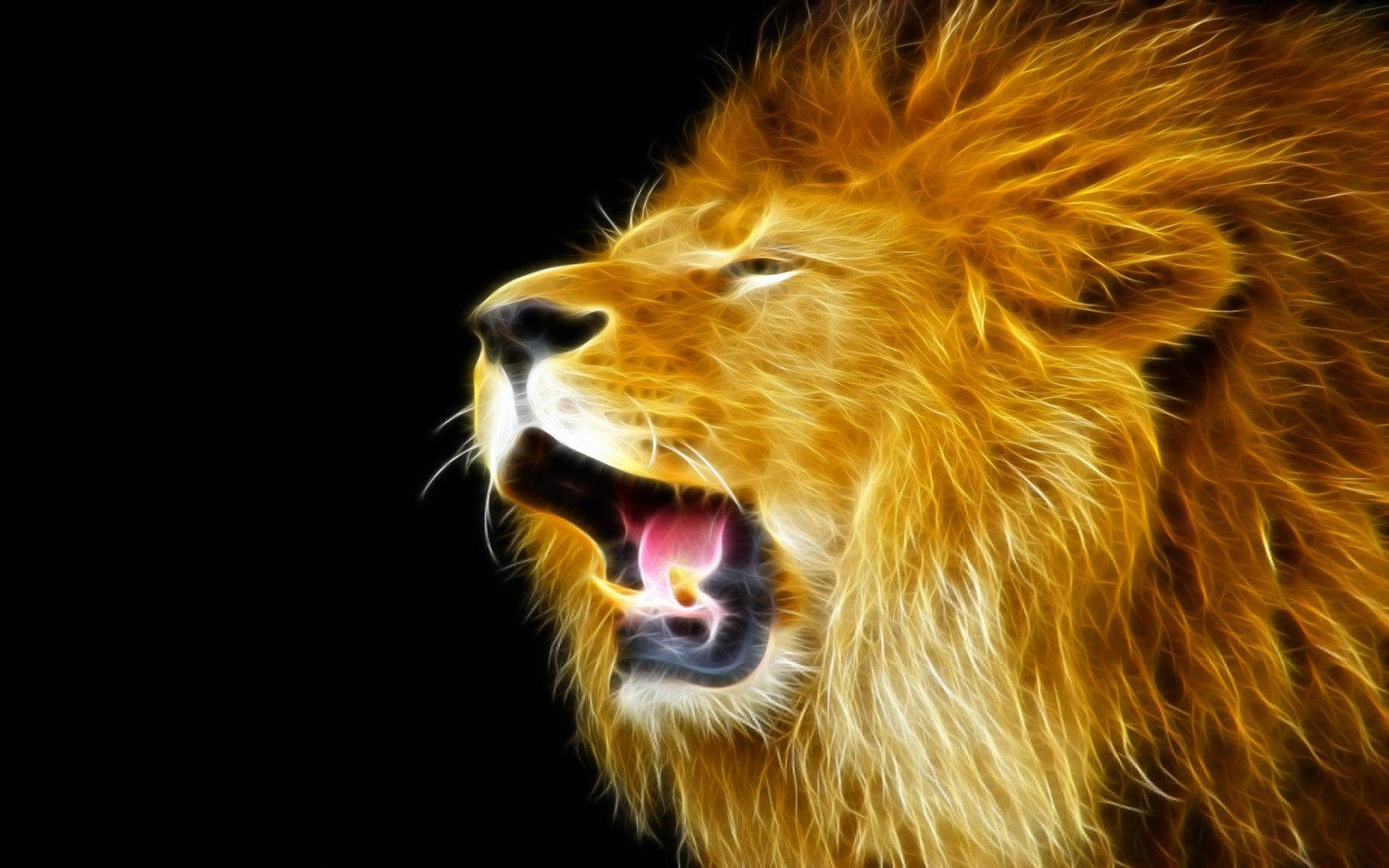 獅子 桌布 壁紙 — 一頭雄偉的獅子在純黑背景下咆哮，金色毛髮閃閃發光，張大嘴巴展現出強大的原始力量。