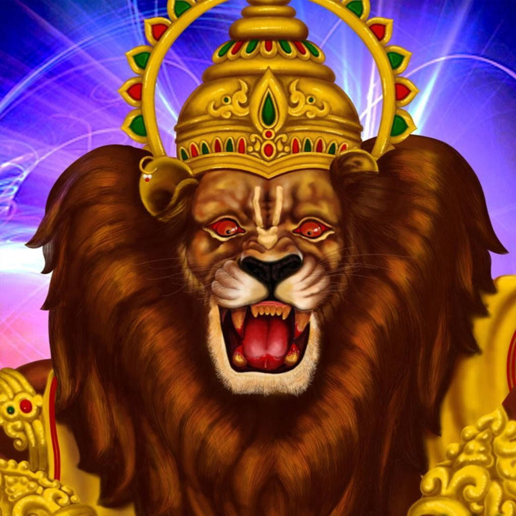 毗濕奴 桌布 壁紙 — 一頭雄偉的獅子戴著金色王冠，在充滿活力的紫色和藍色宇宙背景下猛烈咆哮。