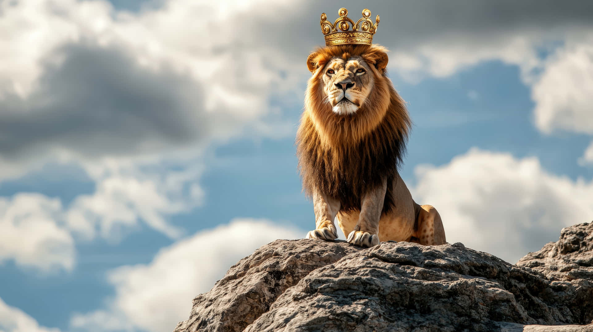 A powerful lion sits proudly atop a rocky peak, wearing a golden crown, symbolizing strength 壁紙 — 一頭雄偉的獅子戴著金色王冠，威嚴地坐在崎嶇的岩石上，背景是戲劇性的多雲天空。
