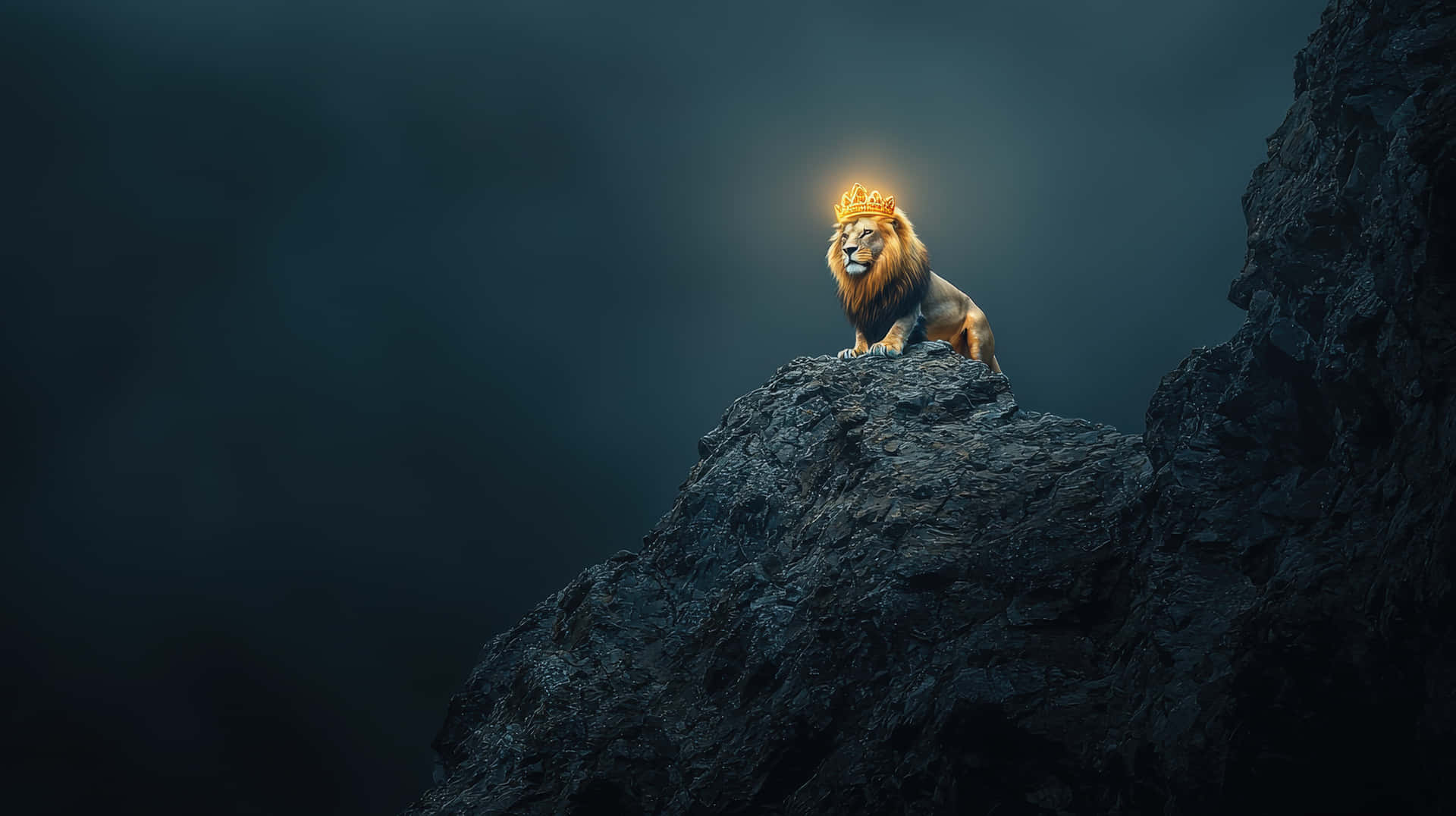 A powerful lion with a glowing golden crown sits atop a dark rocky mountain, symbolizing leadership 壁紙 — 一頭雄偉的獅子戴著閃閃發光的金色王冠，威嚴地坐在黑暗的岩石懸崖上，背景是陰沉的暮色天空。