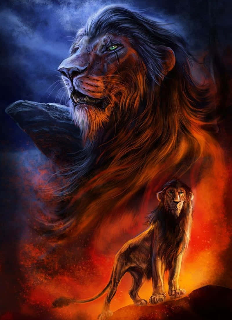 Lion King Scar 桌布 壁紙 — 一頭雄偉的獅子王，擁有發光的綠色眼睛，站在熾熱的岩石上，鬃毛在風暴暮色天空中燃燒。