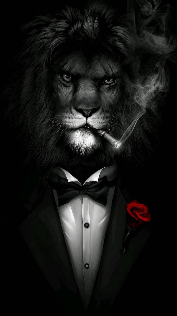 Cool Lion 桌布 壁紙 — 一頭雄偉的獅子穿著燕尾服，在深色背景下抽著雪茄，領口別著一朵紅玫瑰。