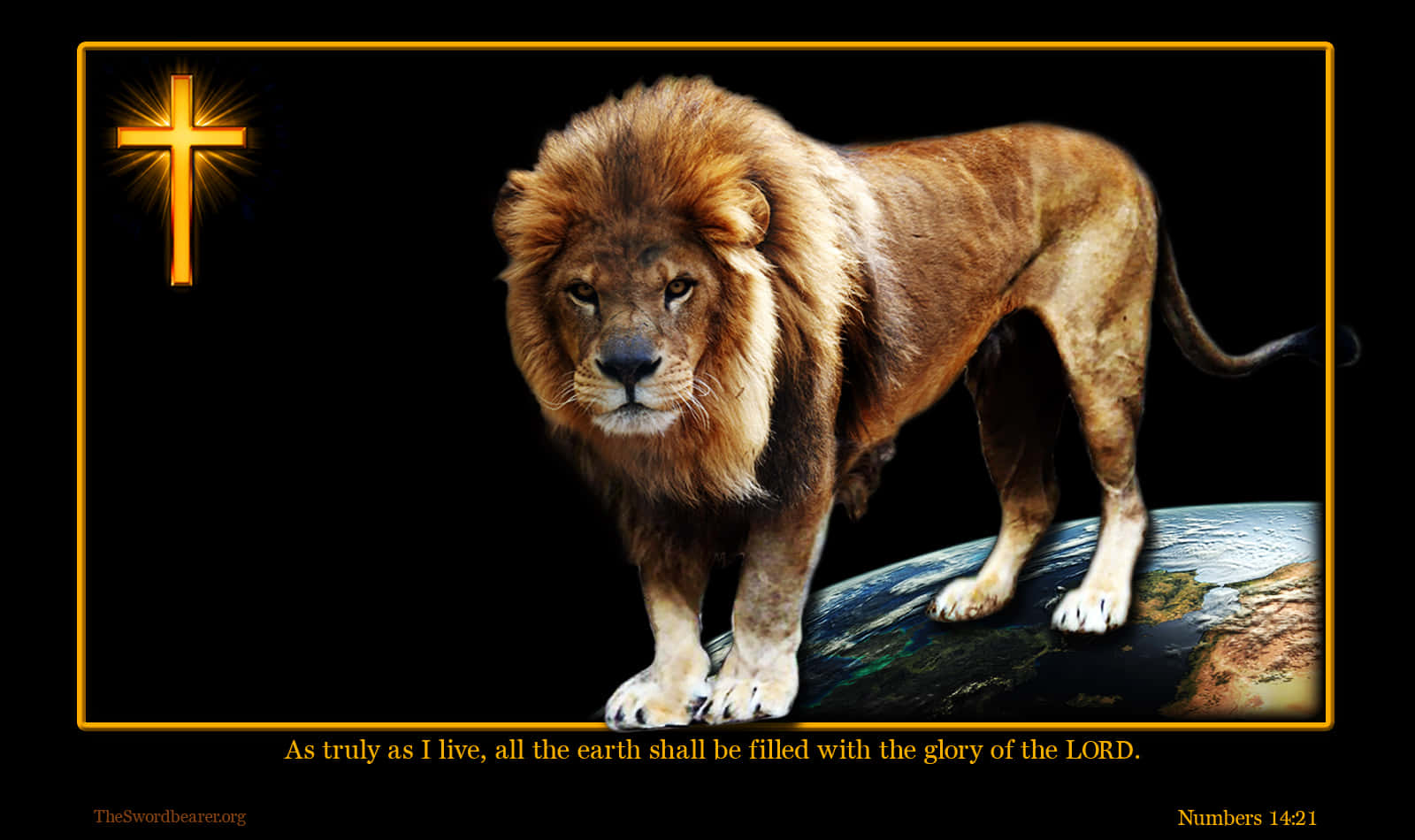 Lion Of Judah 桌布 壁紙 — 一頭雄偉的獅子站在一個地球儀上，角落有一個發光的金色十字架，背景為黑色。