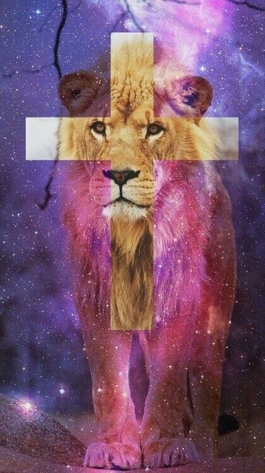 一頭獅子疊加著十字架，背景是星空宇宙。