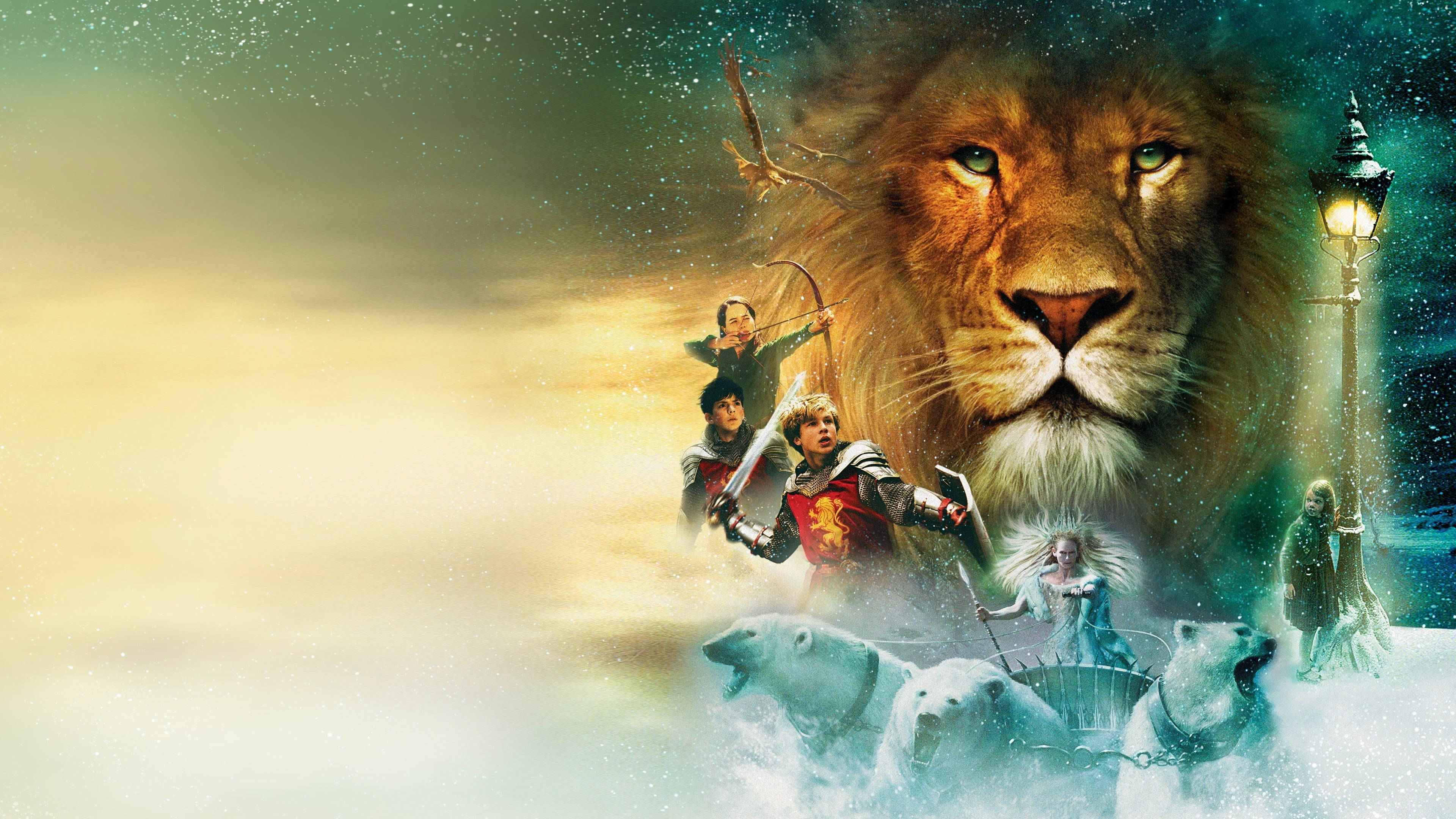 Narnia 桌布 壁紙 — 一頭雄偉的獅子聳立在雪景之上，身穿盔甲的角色騎著北極熊穿過飄雪。