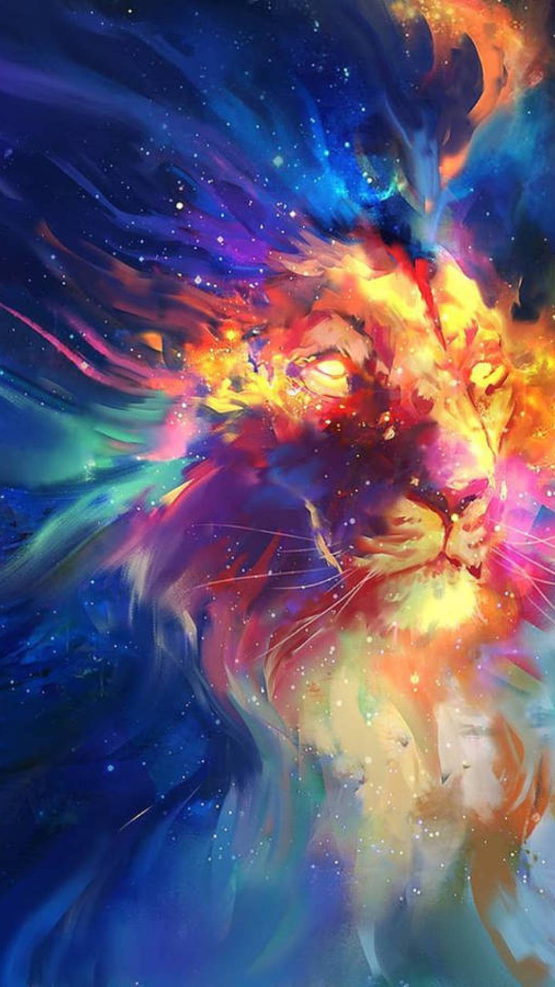 彩虹 桌布 壁紙 — 一頭雄偉的獅子頭從宇宙星雲中浮現，星雲由旋轉的星星和鮮豔的色彩構成，背景是深邃的太空。