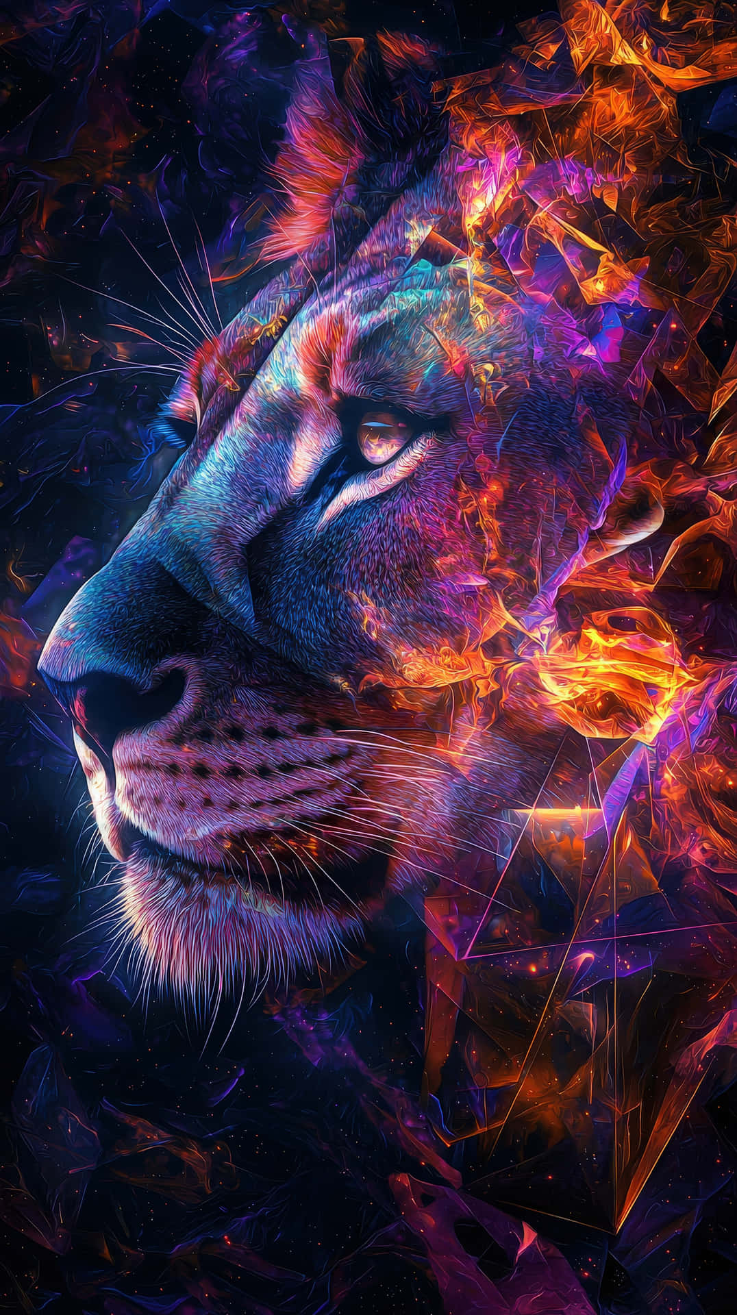 Vibrant cosmic lion with fiery neon energy in a surreal digital artwork 壁紙 — 一頭雄偉的獅子頭部在黑暗的宇宙背景下散發出火橙色和電紫色的碎形能量。
