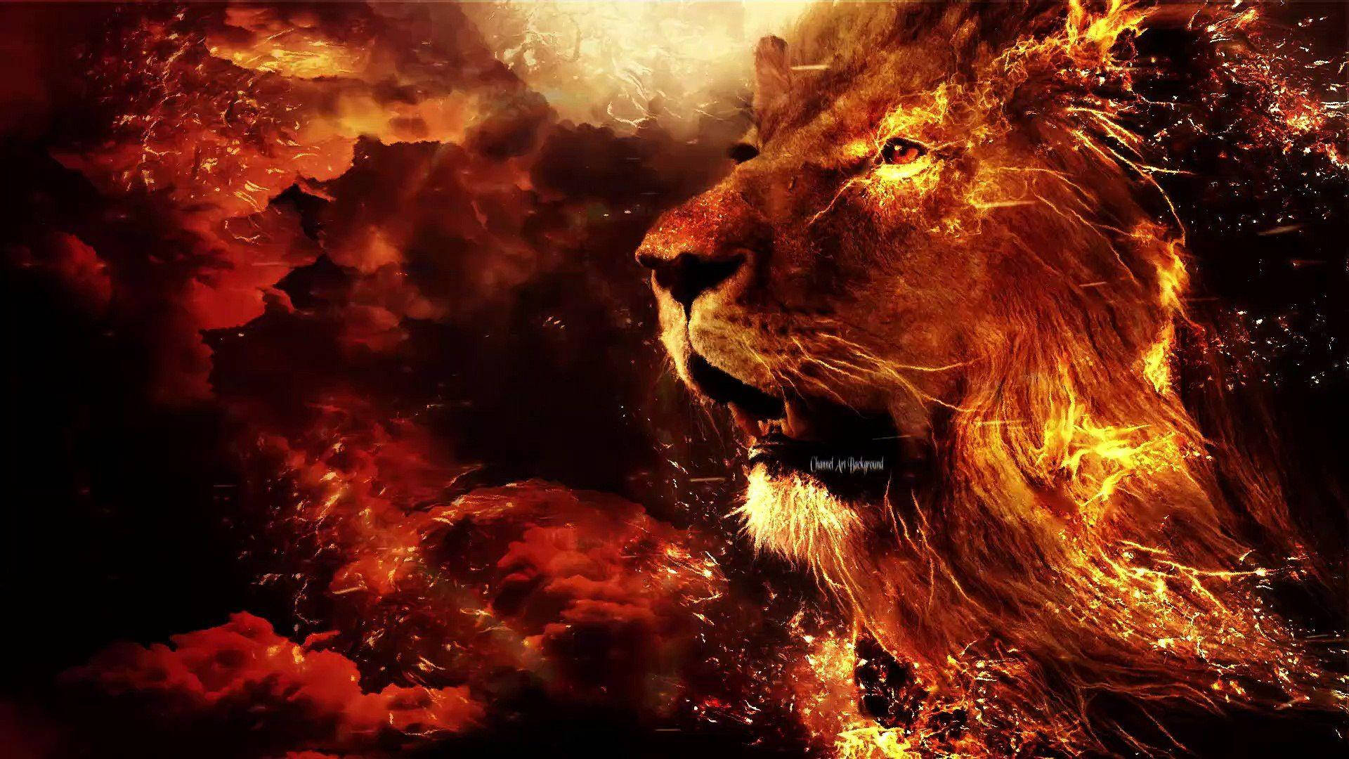 Lion Head 桌布 壁紙 — 一頭雄偉的獅子頭部被熊熊烈火吞噬，背景是動盪的橙色和黑色天空。