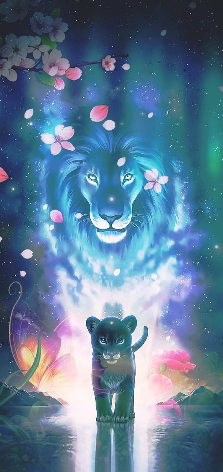 一頭發光藍色獅子靈體懸浮在一隻小黑貓上方，水面倒映著飄落的櫻花。 — 銀河獅子 壁紙