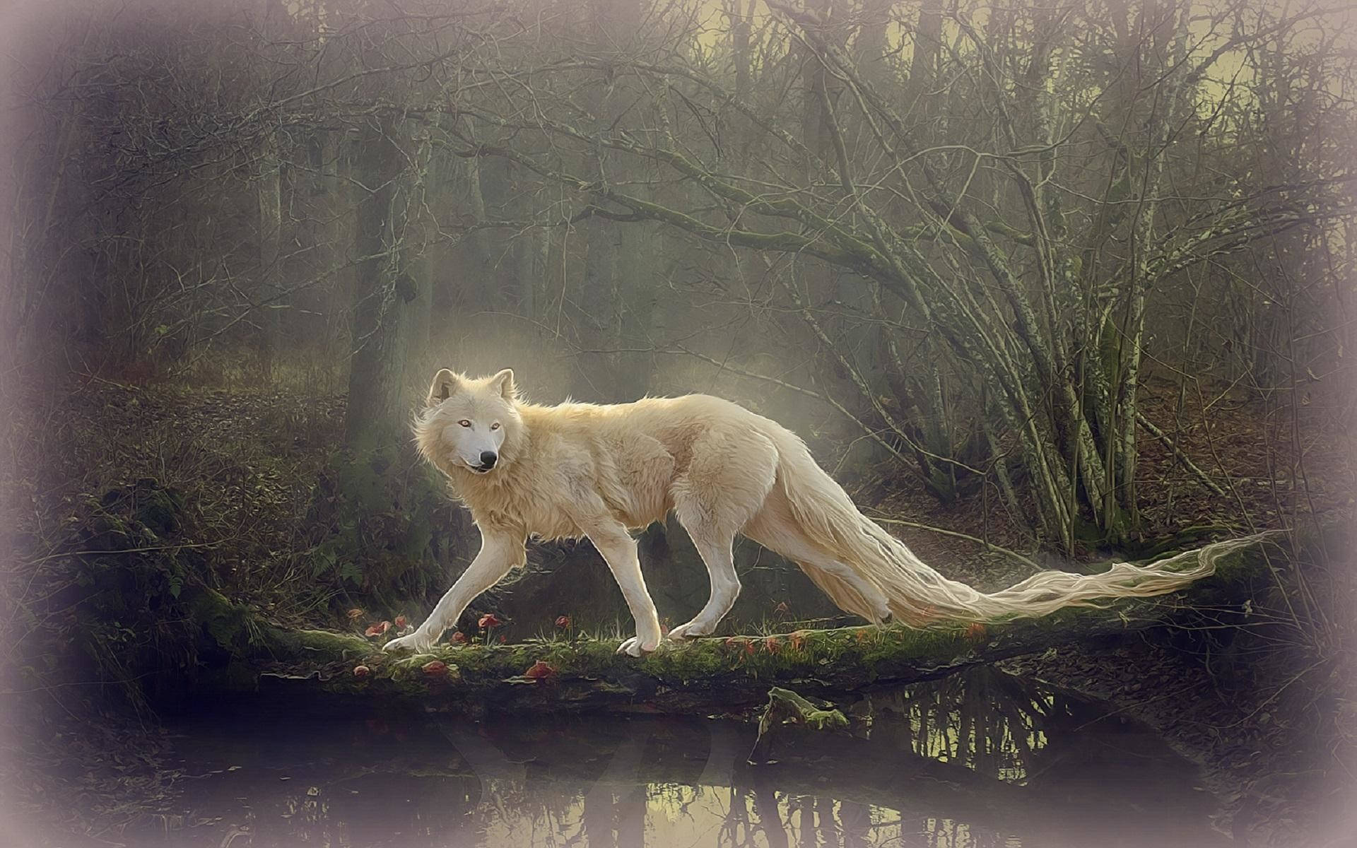 HD Wolf 桌布 壁紙 — 一頭雄偉的白狼，長長的尾巴飄逸，在黎明時分走過霧氣瀰漫的森林溪流上長滿苔蘚的木頭。