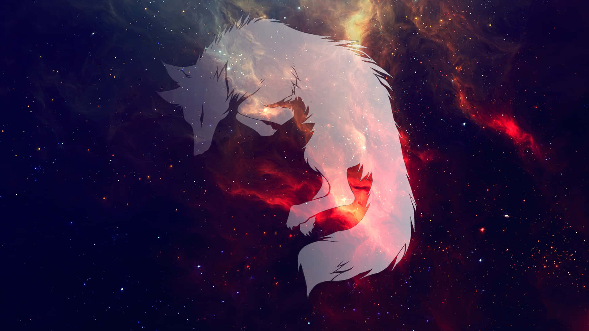 銀河狼 桌布 壁紙 — 一頭雄偉的白狼剪影從充滿活力的宇宙星雲中浮現，星雲在繁星點點的夜空下閃耀著紅色和金色。