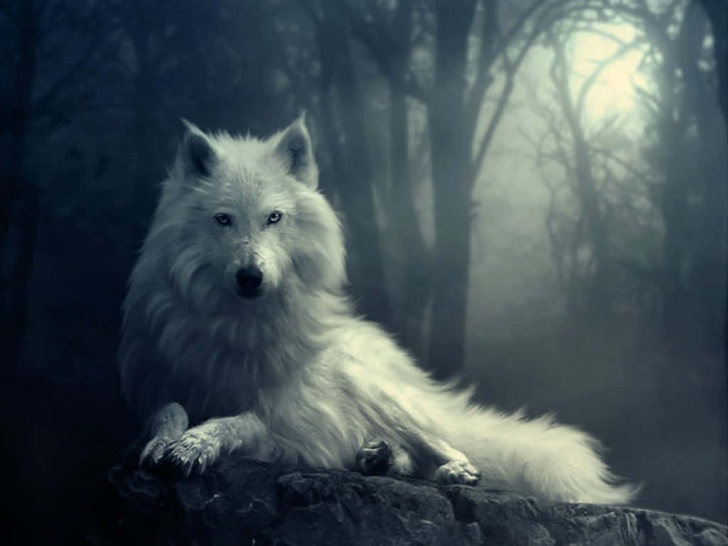 White Wolf 桌布 壁紙 — 一頭雄偉的白狼在霧氣瀰漫、月光照耀、樹木光禿的森林中，休息在長滿苔蘚的岩石上。