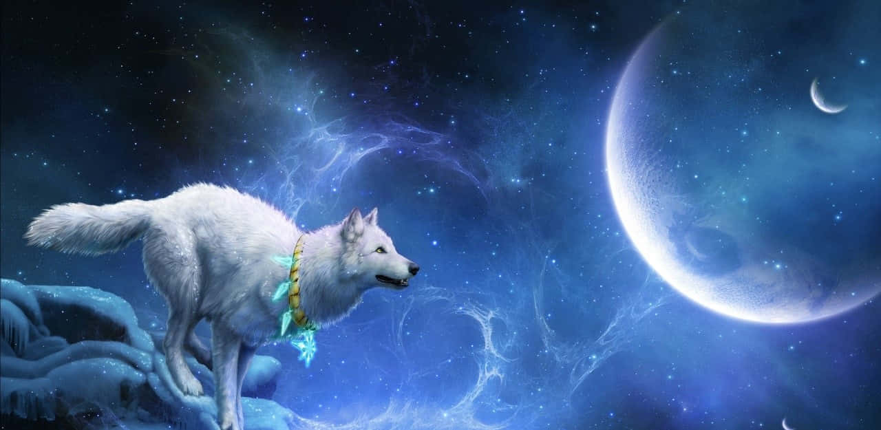 White Wolf 桌布 壁紙 — 一頭雄偉的白狼站在冰天雪地上，凝視著星際宇宙天空中閃耀的彎月。