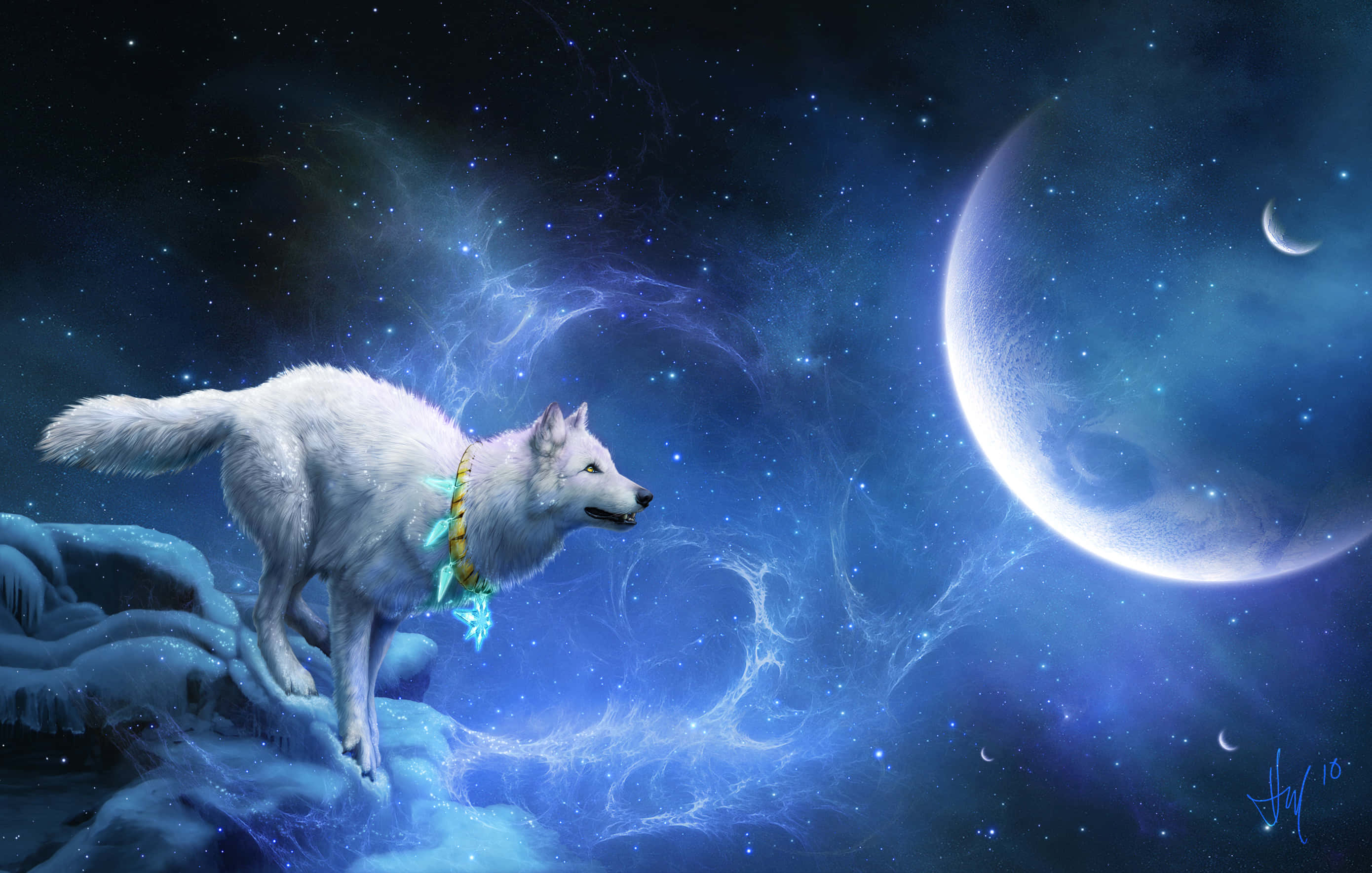 White Wolf 桌布 壁紙 — 一頭雄偉的白狼站在白雪覆蓋的懸崖上，凝視著星空宇宙中的一彎新月。