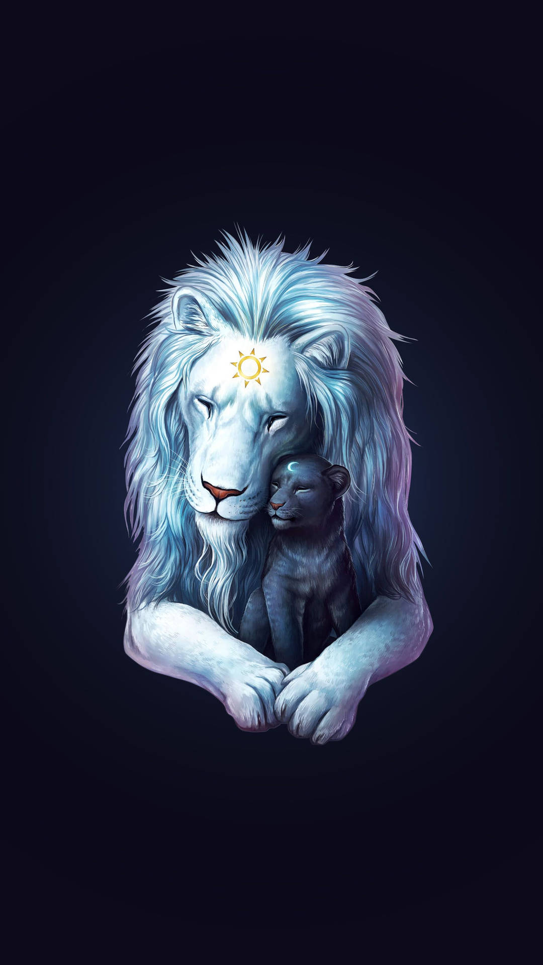 獅子 桌布 壁紙 — 一頭雄偉的白獅，額頭上有發光的太陽符號，在黑暗背景中輕輕懷抱著一隻小黑幼獅。