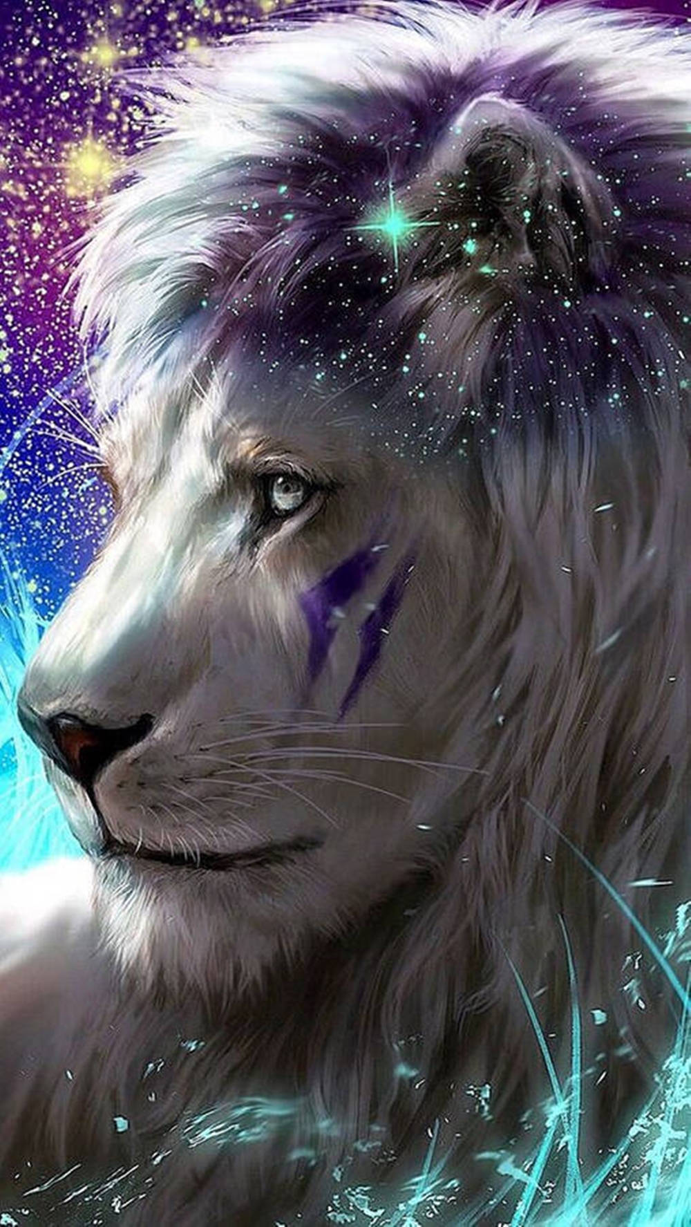 銀河 桌布 壁紙 — 一頭雄偉的白獅，鬃毛中旋轉著宇宙星辰，雙眼發光，在充滿活力的紫色和藍色星雲前寧靜地凝視。