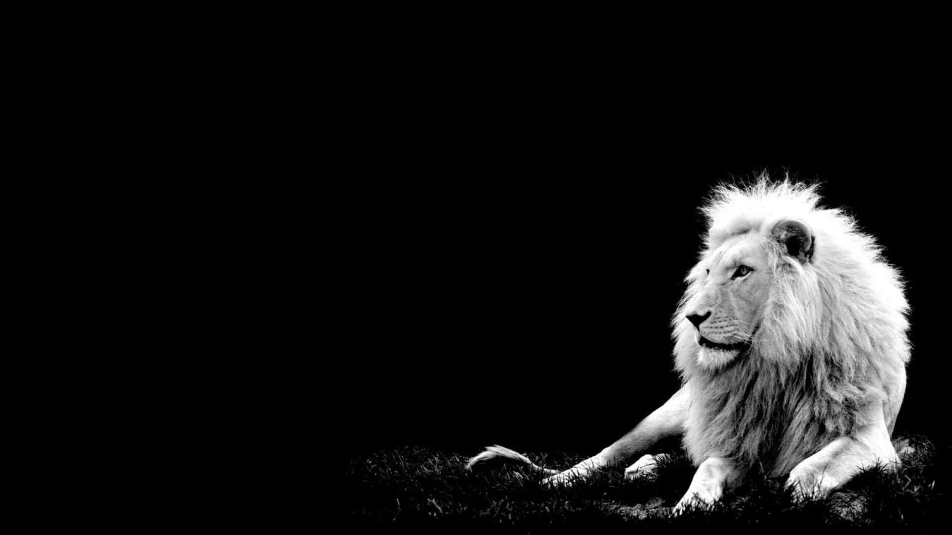 Black And White Lion 桌布 壁紙 — 一頭雄偉的白獅側面休息，背景為純黑色，毛皮在戲劇性燈光下柔和發光。