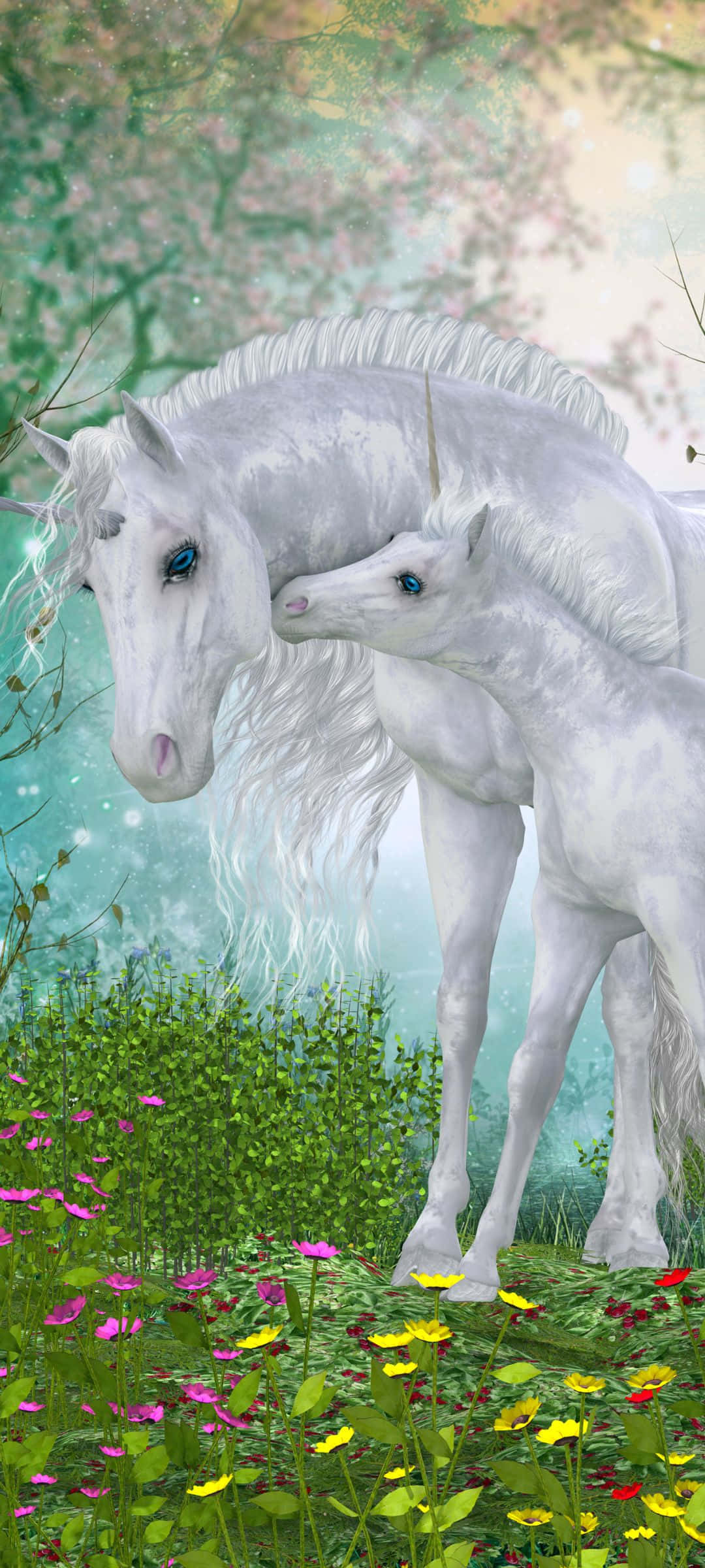 1080x2400 桌布 壁紙 — 一頭雄偉的白色獨角獸和牠的幼崽溫柔地站在一片充滿粉紅色、黃色和紅色花朵的 vibrant 草地上，天空柔和發光。