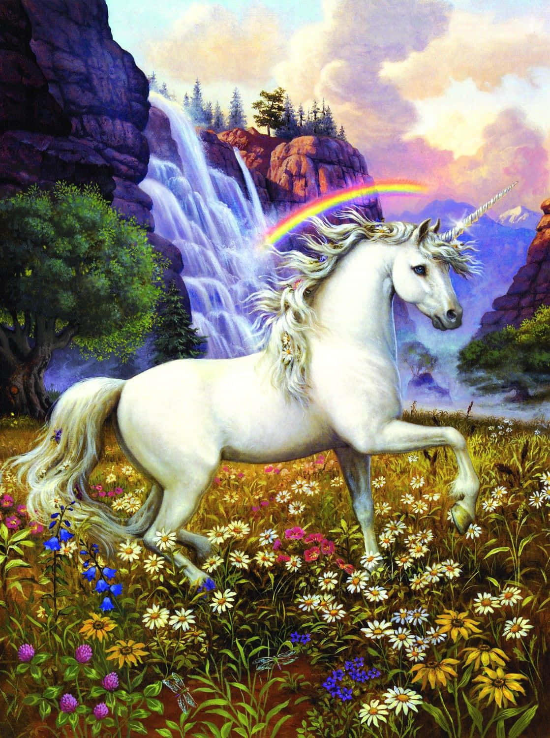 獨角獸 桌布 壁紙 — 一頭雄偉的白色獨角獸在彩虹拱橋於瀑布之上的花叢草原中奔騰。