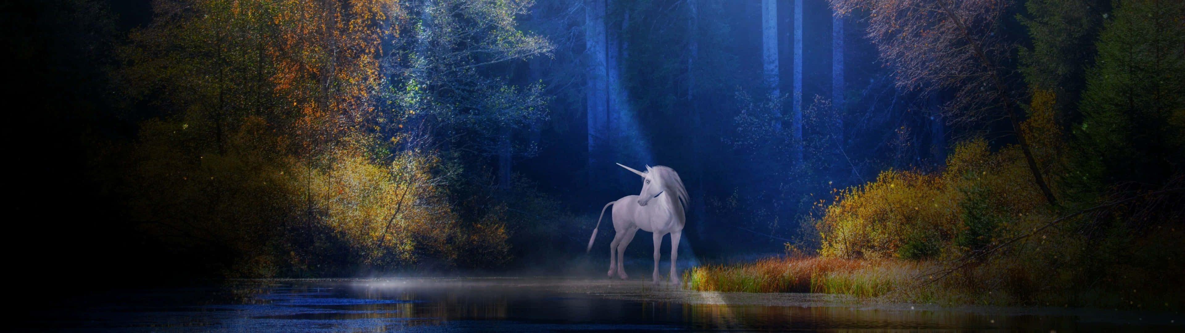 Magical Unicorn 桌布 壁紙 — 一頭雄偉的白色獨角獸站在霧氣瀰漫的森林溪流中，沐浴在空靈的藍色和金色光芒中。