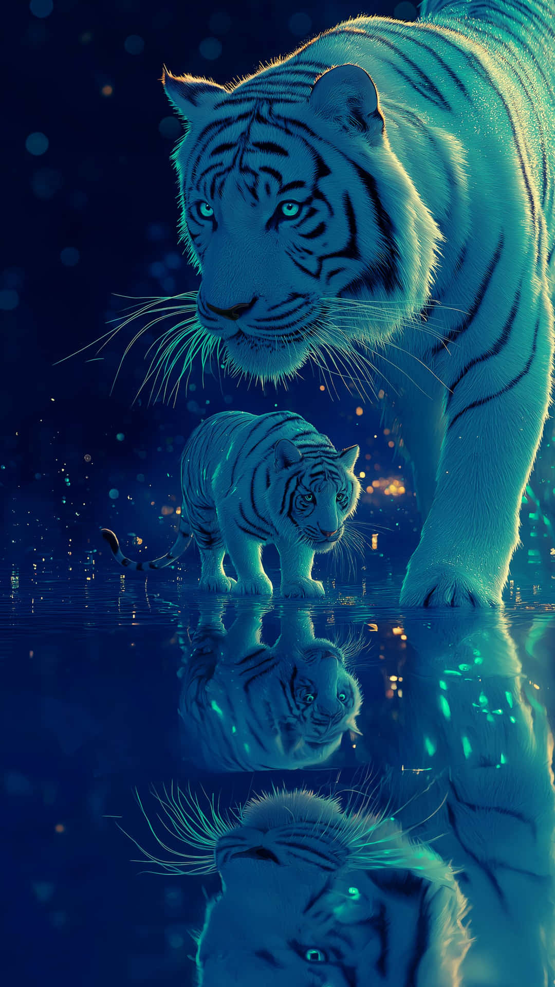 Majestic white tigers with glowing blue eyes in a mystical watery realm at night 壁紙 — 一頭雄偉的白虎，眼睛發光，站在深藍色的水中，水面倒映著它的形態和一隻較小的幼虎在旁邊。