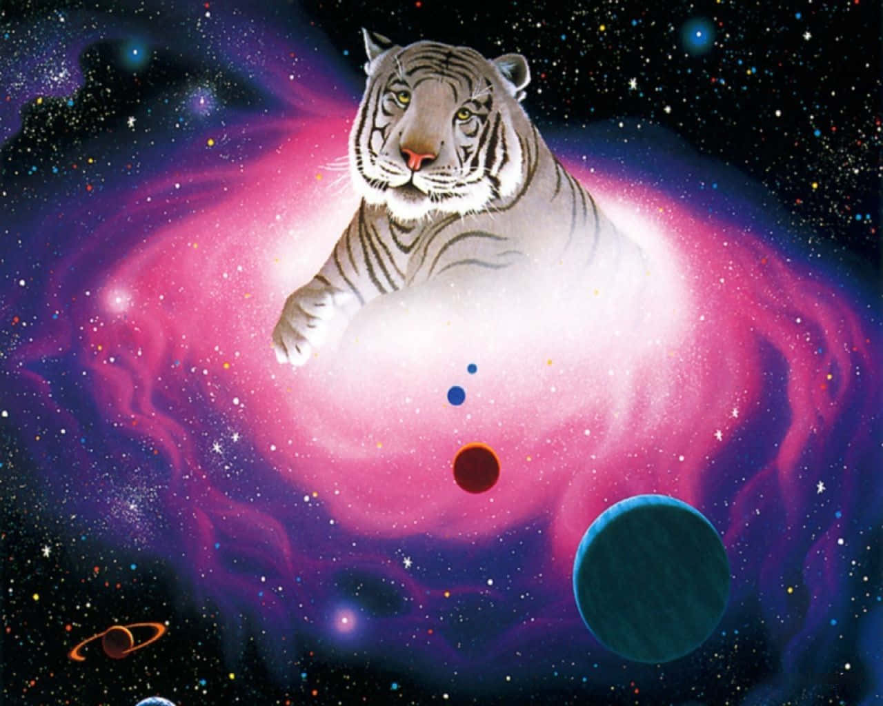 Tiger Galaxy 桌布 壁紙 — 一頭雄偉的白虎在充滿活力的宇宙星雲中寧靜地漂浮，周圍環繞著發光的行星和閃爍的星星。
