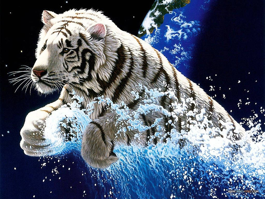 Animated 桌布 壁紙 — 一頭雄偉的白虎穿過破碎的藍色波浪，背景是繁星點點的太空，地球清晰可見。