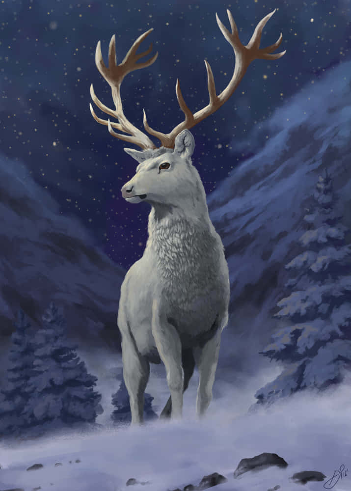 Elk 桌布 壁紙 — 一頭雄偉的白鹿，長著巨大的鹿角，站在星空下白雪覆蓋的森林中。