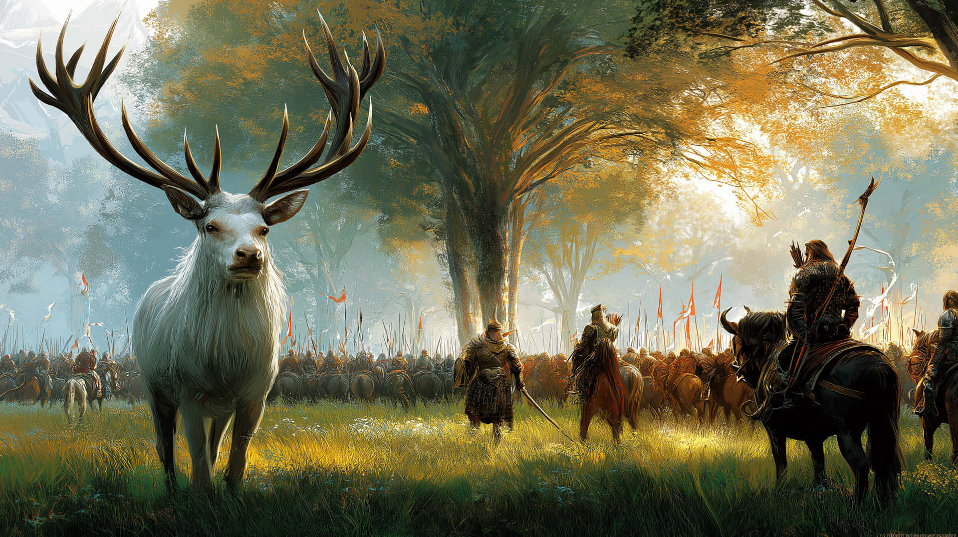 Forest Army 壁紙 — 一頭雄偉的白鹿長著巨大的鹿角，站在陽光明媚的草地上，而身穿鎧甲的騎士騎著馬，在金色樹冠下向它前進。