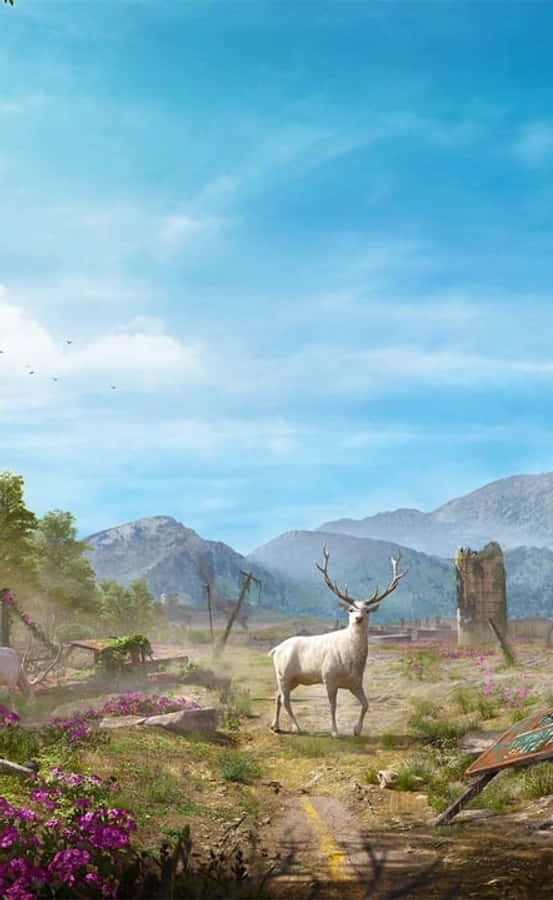 iPhone X Far Cry New Dawn 桌布 壁紙 — 一頭雄偉的白鹿長著鹿角，站在陽光普照的紫色花田裡，附近有廢墟，背景是山脈，天空蔚藍。