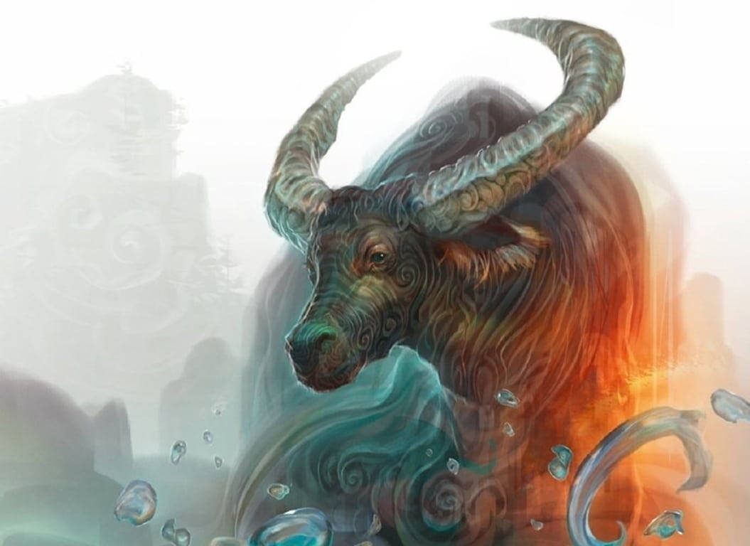 taurus 桌布 壁紙 — 一頭雄偉的神話水牛，螺旋狀的角從旋轉的藍綠色和橙色水中浮現，伴隨著漂浮的氣泡。