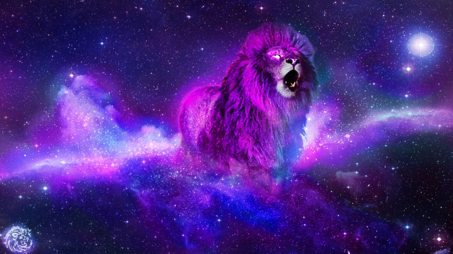 一頭紫色獅子在色彩繽紛、佈滿星星的宇宙星雲中咆哮。
