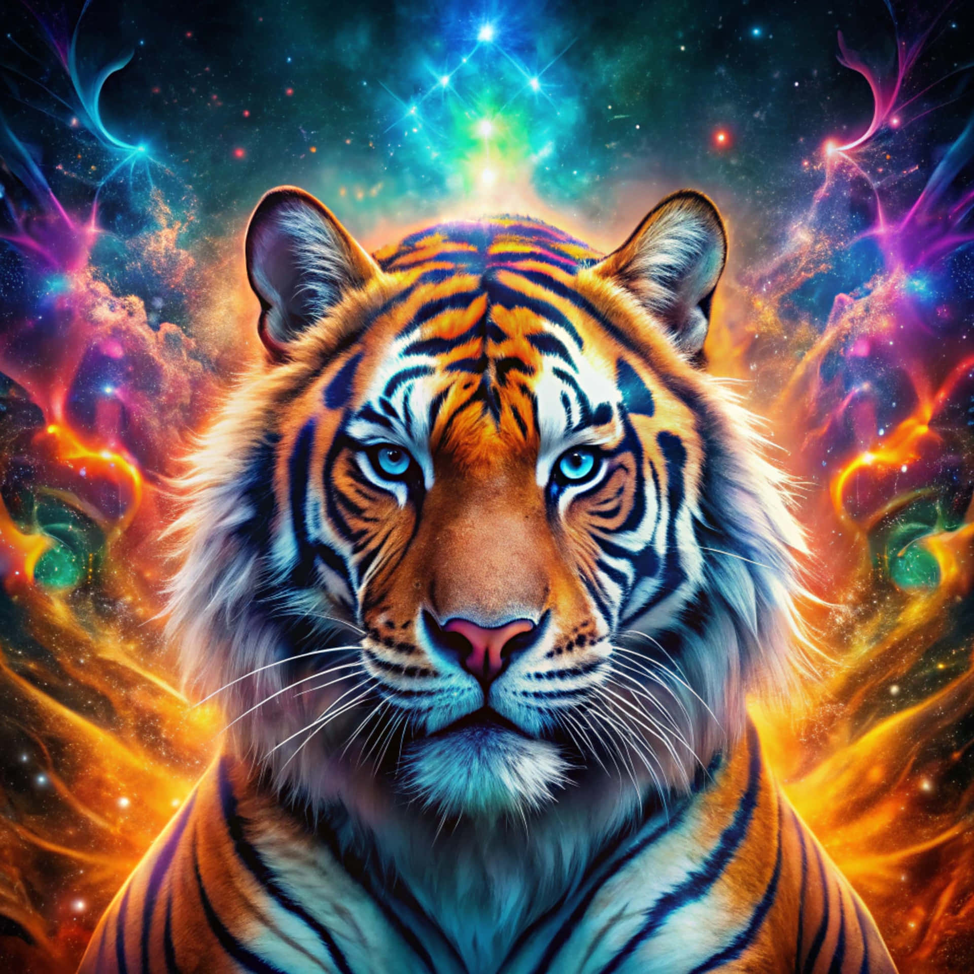 Tiger 壁紙 — 一頭雄偉的老虎，擁有銳利的藍色眼睛，在充滿旋轉星系和閃爍星光的生動宇宙星雲前凝視前方。