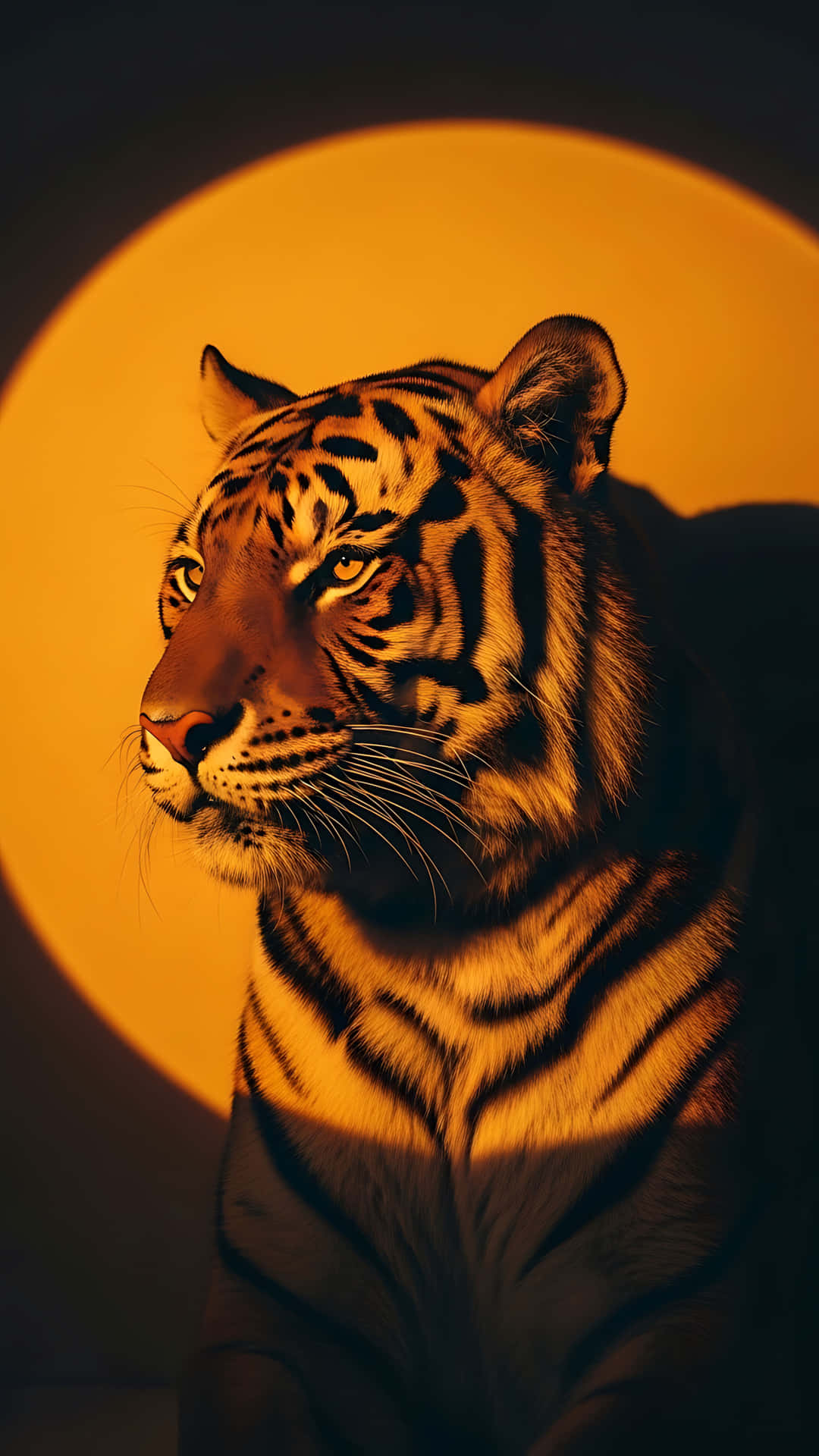 Tiger Sun Portrait 壁紙 — 一頭雄偉的老虎側面，沐浴在溫暖的金色光芒中，背景為深色圓形。