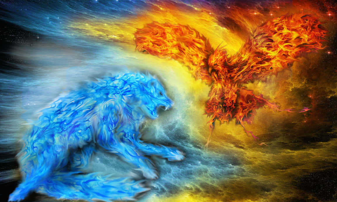 Fire And Ice Wolf 桌布 壁紙 — 一頭雄偉的藍狼和一隻熾熱的鳳凰在星辰和星雲的宇宙漩渦中對峙。