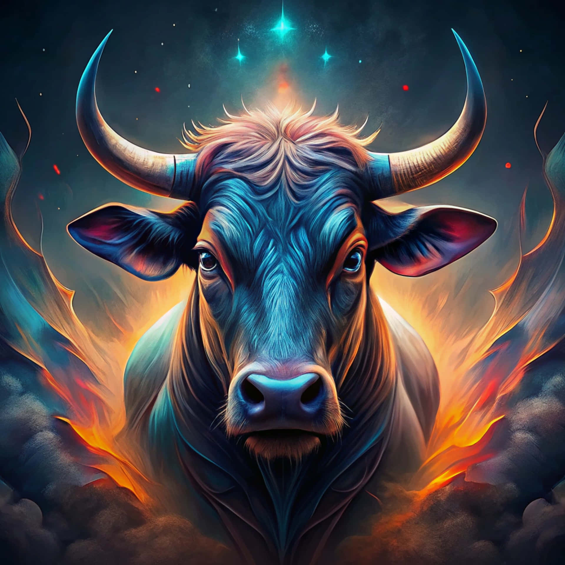 Angry Bull 壁紙 — 一頭雄偉的藍色公牛，長著發光的角，從熾熱的橙色火焰中出現，背景是星光燦爛的宇宙。