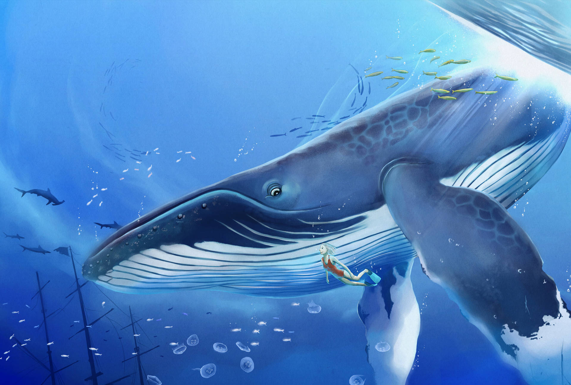 Whale 桌布 壁紙 — 一頭雄偉的藍鯨在陽光普照的海水中滑行，一名潛水員在牠巨大的身軀下平靜地游動。