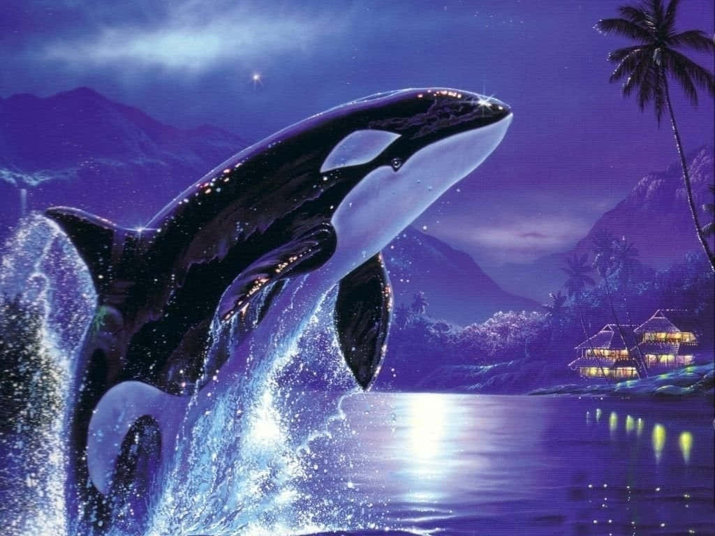 Killer Whale 桌布 壁紙 — 一頭雄偉的虎鯨在星光燦爛的紫色天空下，於熱帶海岸附近閃爍的水面上躍出，旁邊有發光的小屋。
