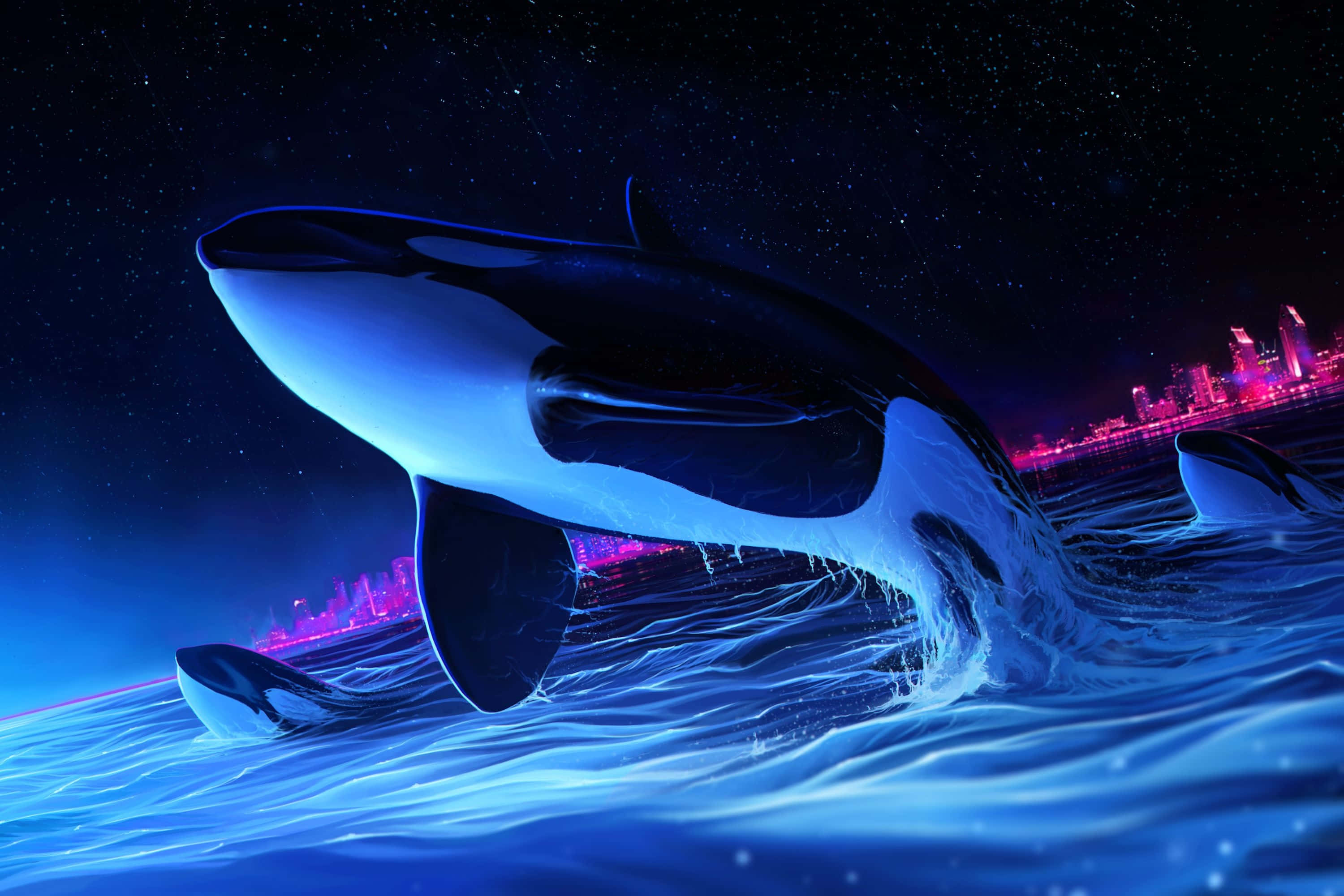 Killer Whale 桌布 壁紙 — 一頭雄偉的虎鯨在星空下衝破霓虹藍色的海水，遠方是發光的粉紅色城市天際線。