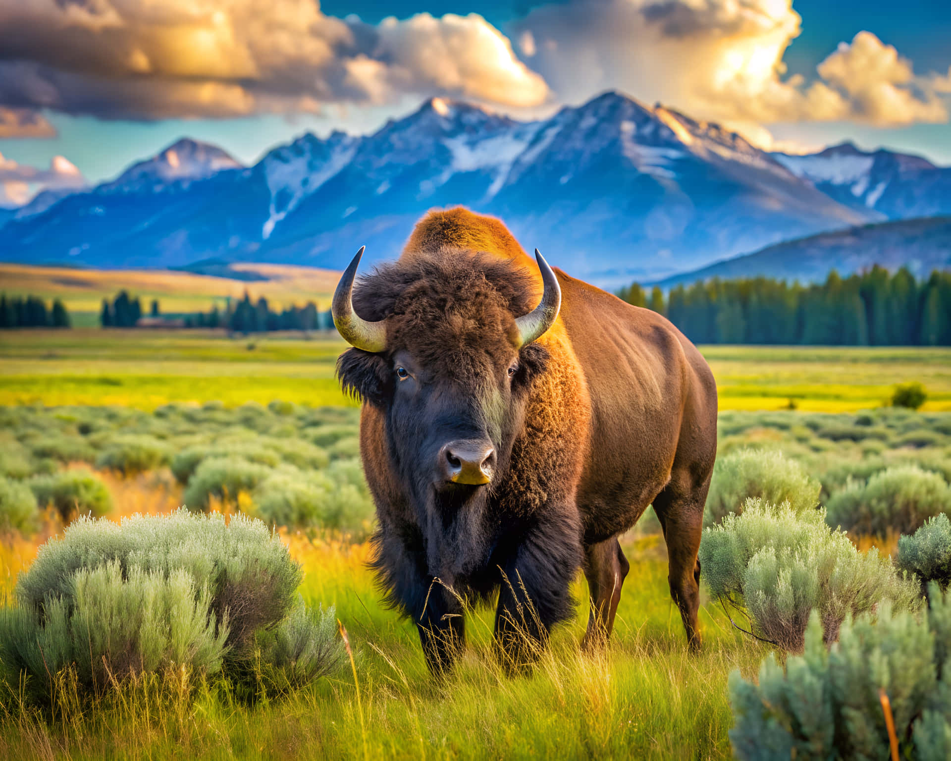American bison 壁紙 — 一頭雄偉的野牛站在陽光明媚的草地上，背景是白雪覆蓋的山脈和戲劇性的雲彩。
